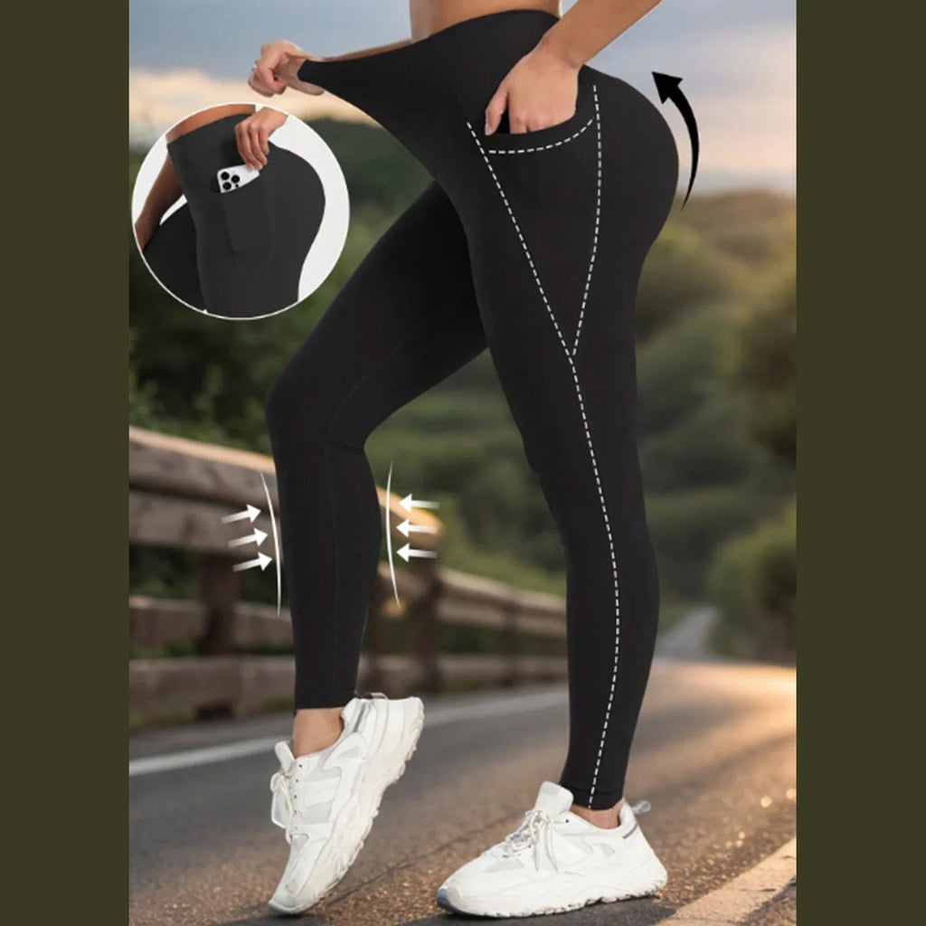 2025 Pockets Gym Yoga Women's Leggings Pure Color Casual Outdoors Workout High Waist Skinny Leggings Of Women Running Pants