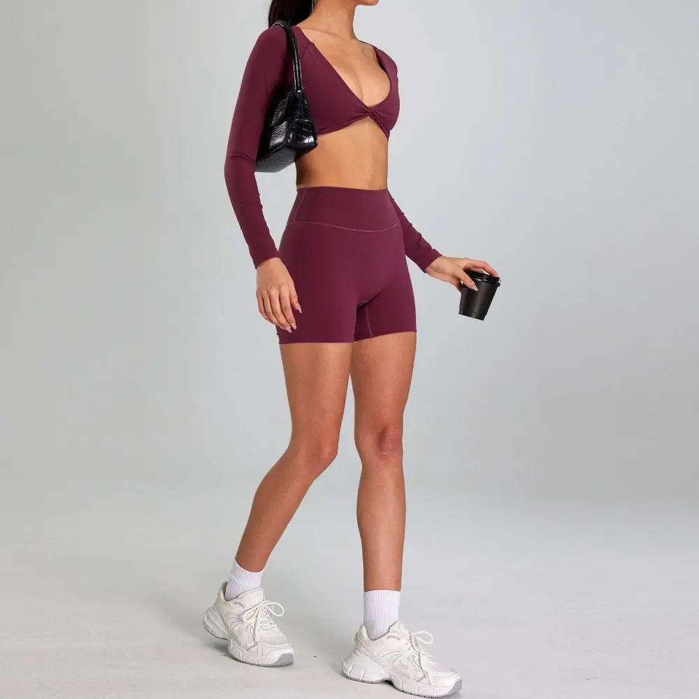 Maroon High Waist Suit Outdoor Running Nude Set