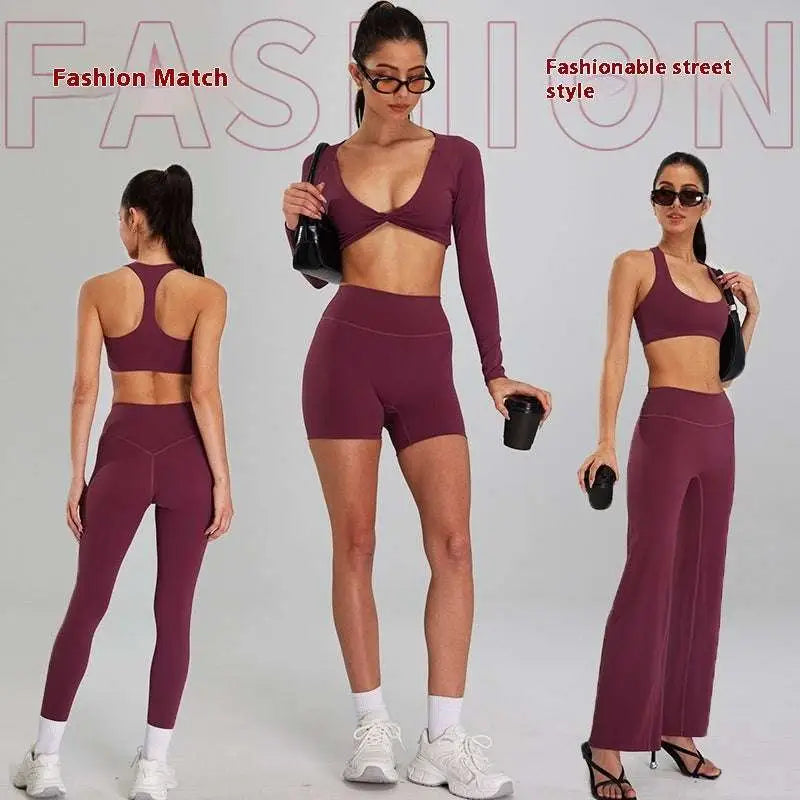 Maroon High Waist Suit Outdoor Running Nude Set