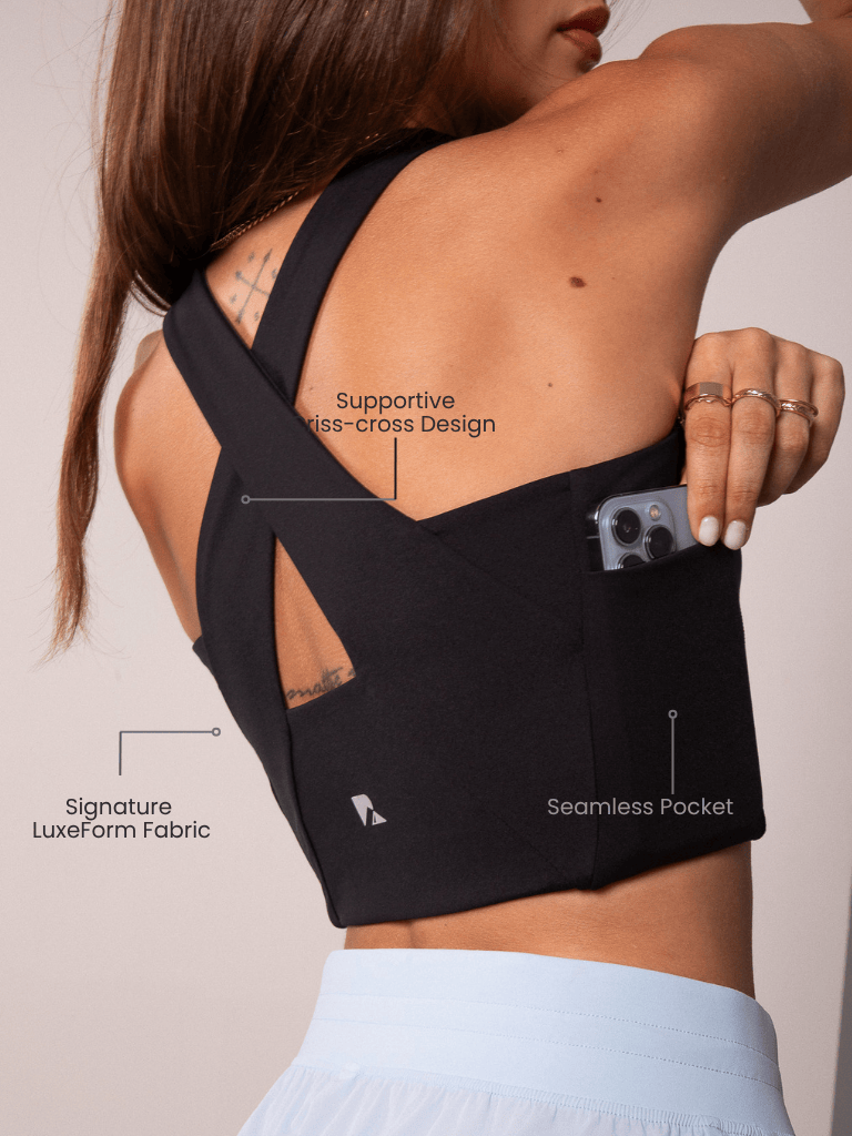 Women's Workout Tank Top with Phone Pockets - Black | LuxeForm Criss-Cross Back